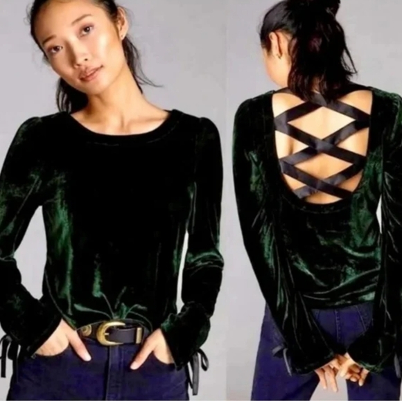 Anthropologie, New Hunter Green Velvet Lace-up Open Back Shirt Top Size Large - Picture 1 of 13